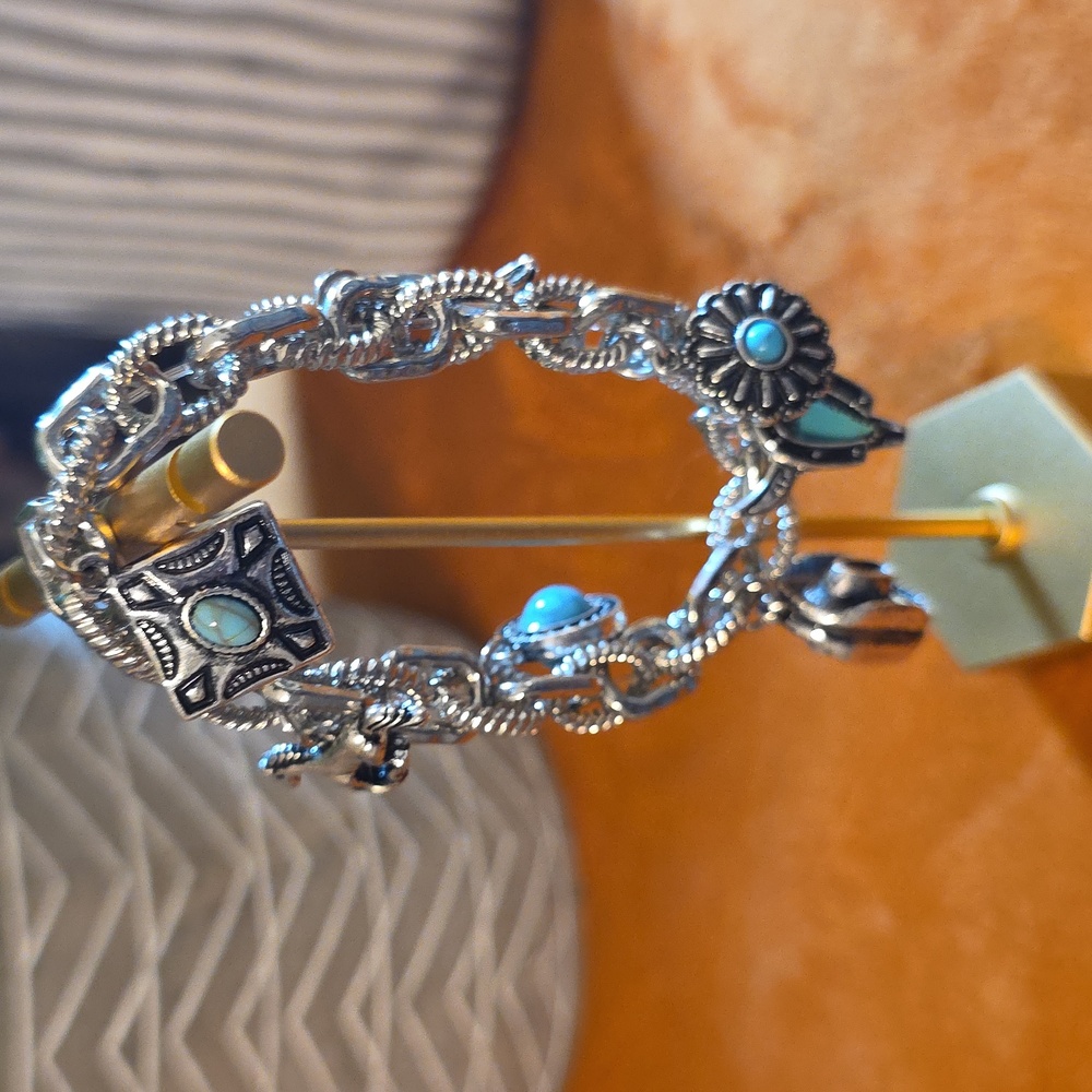 Silver Charm Bracelet with Turquoise Accents - Picture 2 of 3